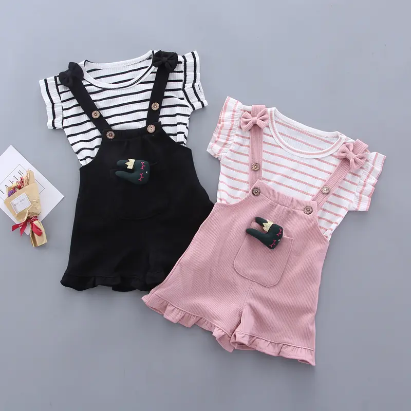 2025 Summer Girls Korean Style Striped Cotton Two-Piece Outfit Set Short Sleeve T-shirt + Overalls Shorts Casual Toddler Clothes
