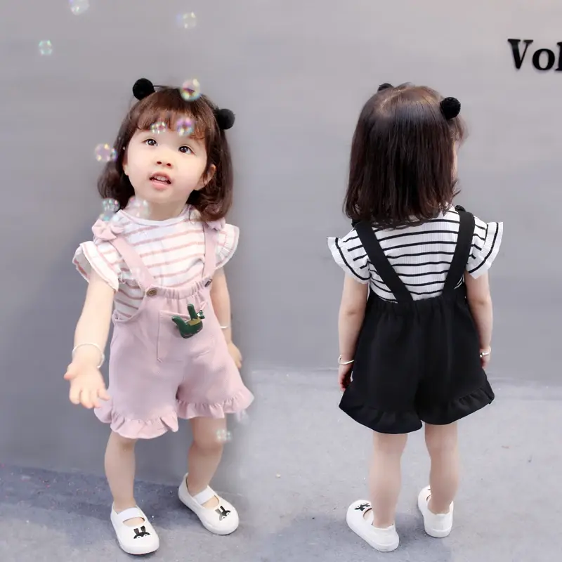 2025 Summer Girls Korean Style Striped Cotton Two-Piece Outfit Set Short Sleeve T-shirt + Overalls Shorts Casual Toddler Clothes