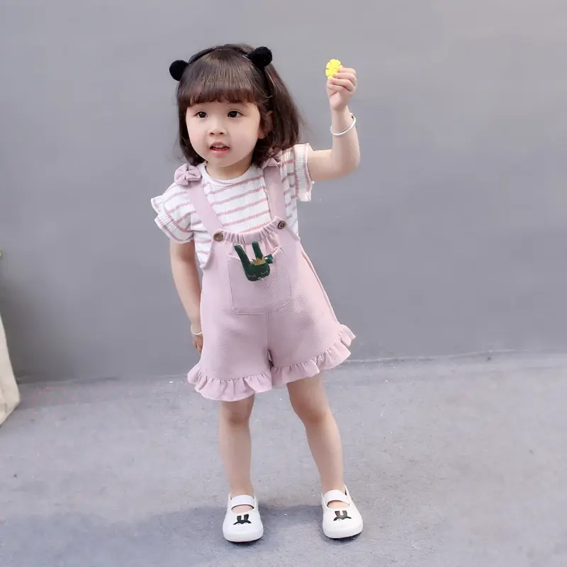 2025 Summer Girls Korean Style Striped Cotton Two-Piece Outfit Set Short Sleeve T-shirt + Overalls Shorts Casual Toddler Clothes