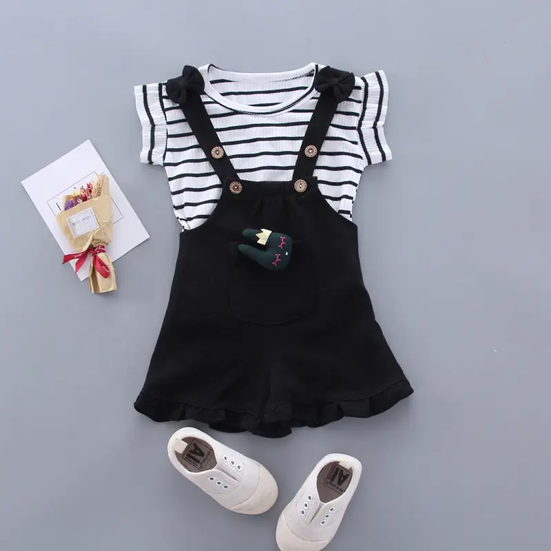 2025 Summer Girls Korean Style Striped Cotton Two-Piece Outfit Set Short Sleeve T-shirt + Overalls Shorts Casual Toddler Clothes