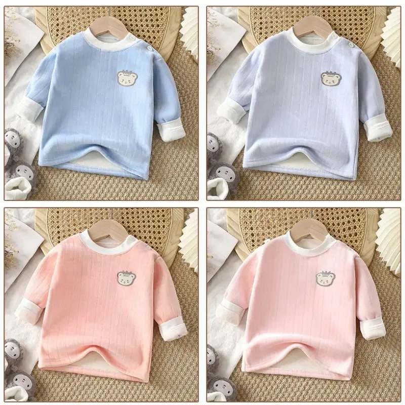Warm Fleece-Lined Kids Long Sleeve Shirt Thickened Winter Sleepwear Boys Girls Toddler Cozy Thermal Top Autumn Winter Underwear