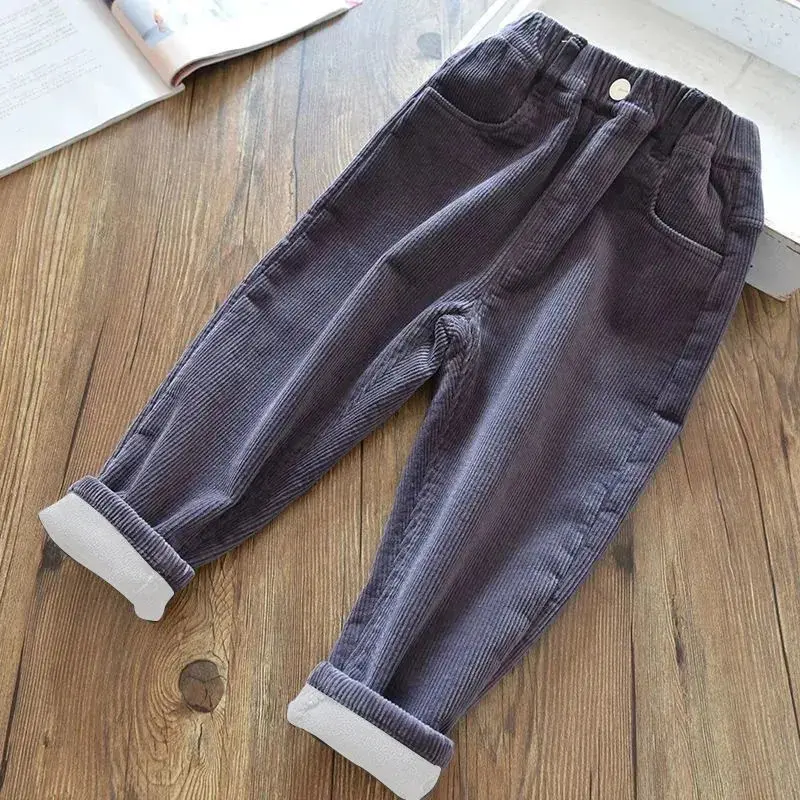 Velvet Lined Corduroy Kids Harem Pants Winter Elastic High Waist Warm Boys/Girls Pantalones Baggy Thicken Plush Children Spodnie