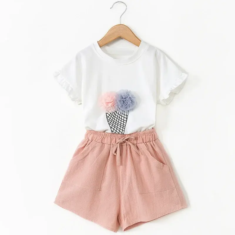 Girls' Icecream Print Summer Outfit 2025 - Short Sleeve Casual Shorts Two-Piece Set | Stylish Thin & Lightweight Baby Clothes
