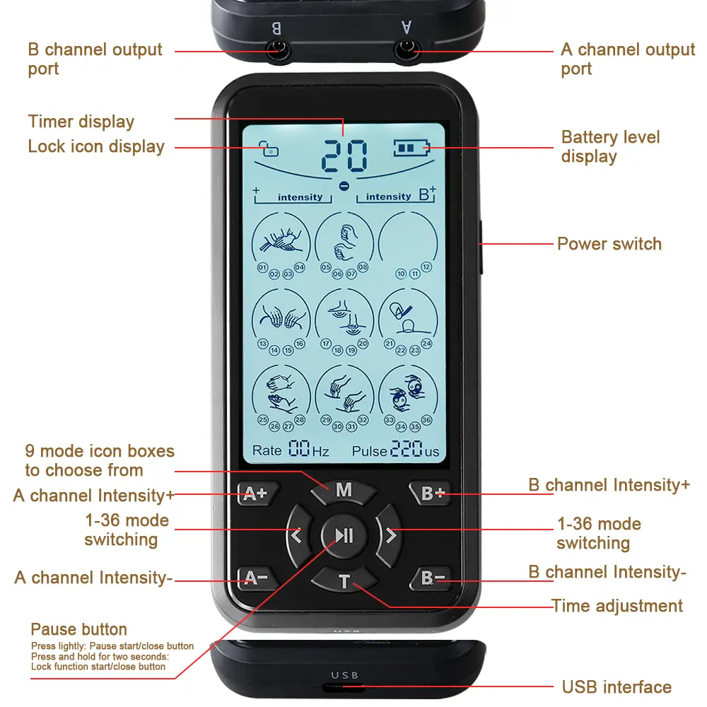 Electronic Pulse Massager 36 Modes Tens Machine Massager Ems Acupuncture Physical Therapy Nerve Muscle Stimulator Pain Relief