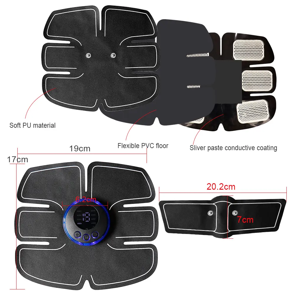 Electrode 8 Modes ABS Stimulator Abdominal Massager Muscle Stimulator Fitness EMS Device Trainer 19 Gear Adjustment Stickers Pad