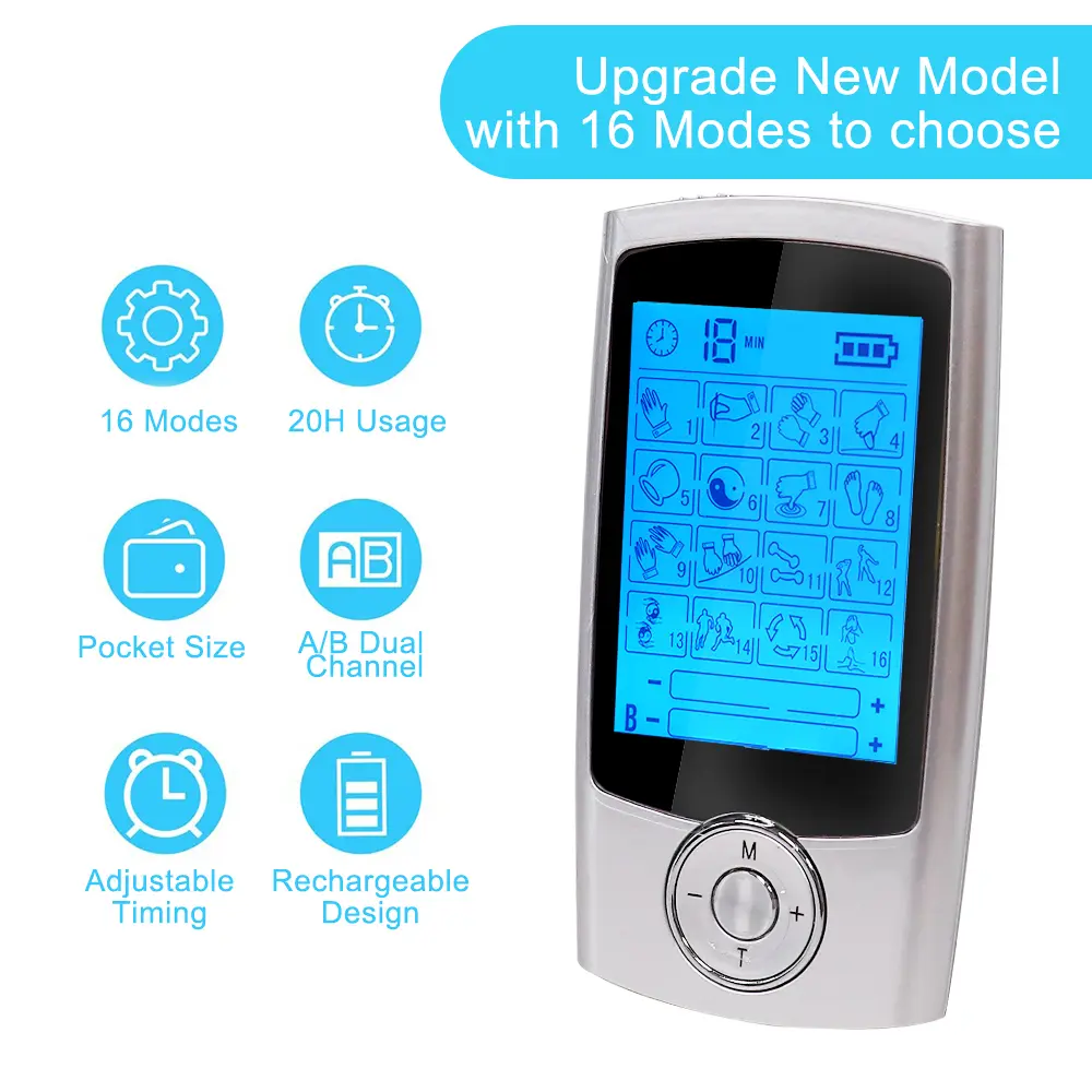 16 Modes Dual Output Electric Pulse TENS Unit Physiotherapy Body Massager Pain Relief EMS Muscle Stimulator Electrostimulator
