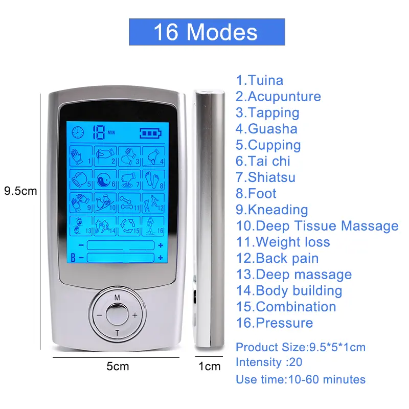 16 Modes Dual Output Electric Pulse TENS Unit Physiotherapy Body Massager Pain Relief EMS Muscle Stimulator Electrostimulator