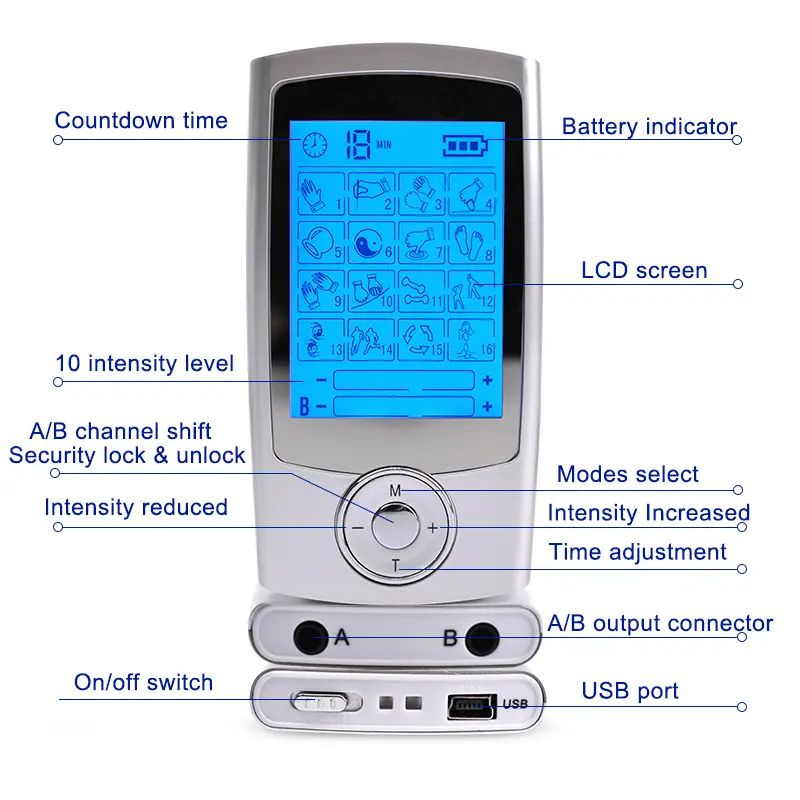 16 Modes Dual Output Electric Pulse TENS Unit Physiotherapy Body Massager Pain Relief EMS Muscle Stimulator Electrostimulator