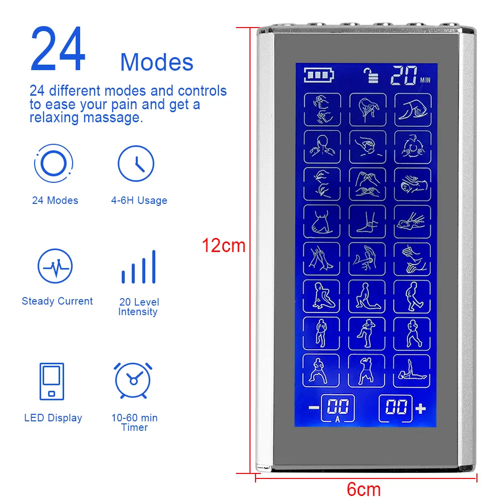 24 Modes TENS Muscle Stimulator Acupuncture EMS Low-Frequency Dual Output Physiotherapy Digital Therapy Electrodes Massage Relax