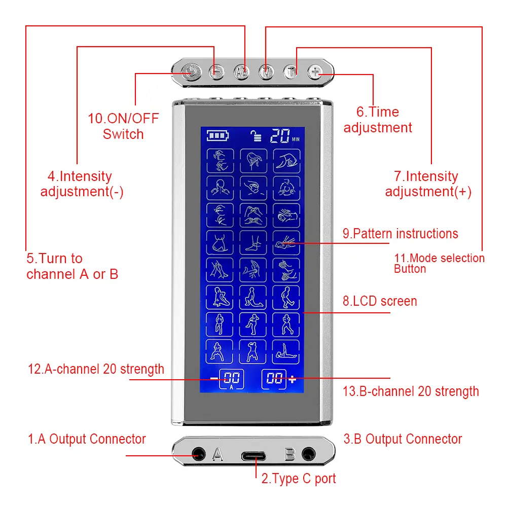 24 Modes TENS Muscle Stimulator Acupuncture EMS Low-Frequency Dual Output Physiotherapy Digital Therapy Electrodes Massage Relax