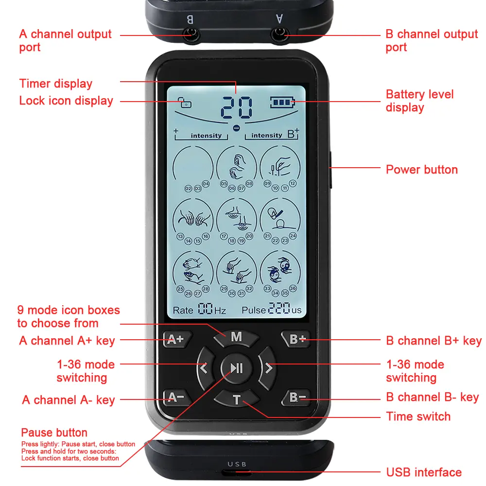 36 Modes Electronic Pulse Massager Tens Ems Machine Massager Electrical Therapy Nerve Muscle Stimulator Acupuncture Pain Relief