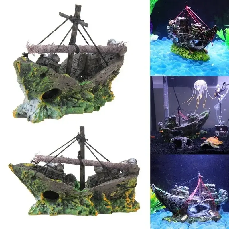 Aquarium Fish Tank Decoration Landscaping Pirate Ship Wreck Retro Resin Design Ship Aquarium Accessories Home Decorations