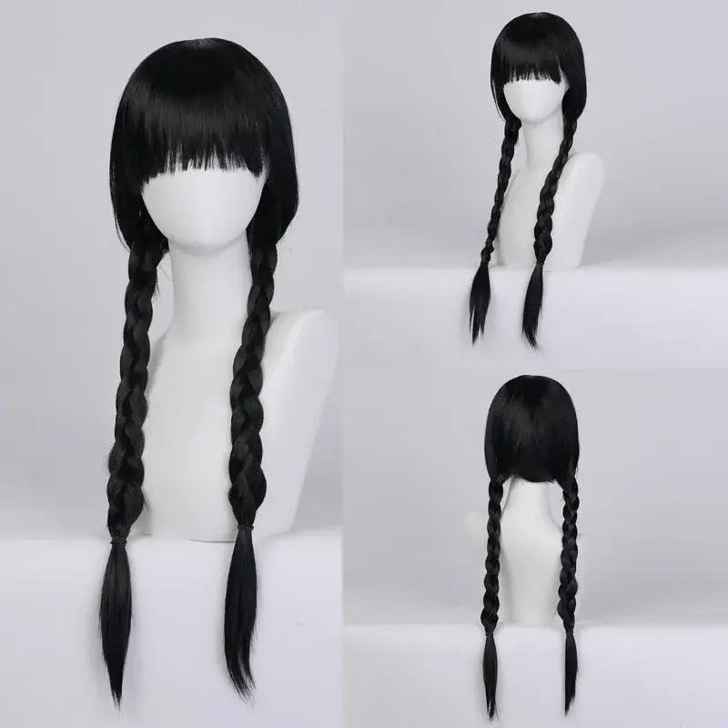 Simulation Bangs Wig Black Double Braids Oily Hair Style Twist Braid Wig High Temperature Silk Synthetic Fiber Head Role Play