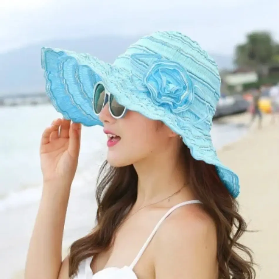 1 Pcs New Summer Sun Hats For Women Big Wave Brim Flower Sunshade Outdoor Beach Sunscreen Straw Hat Female Versatile Cap