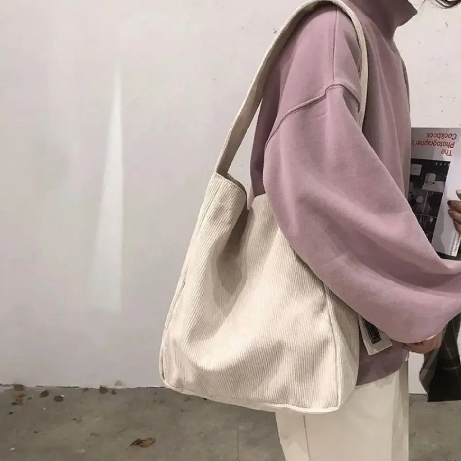 New Women Cotton Cloth Fashion Canvas Tote Shopping Bags Woman Handbags Reusable Travel Bags Large Corduroy Shoulder Shopper Bag