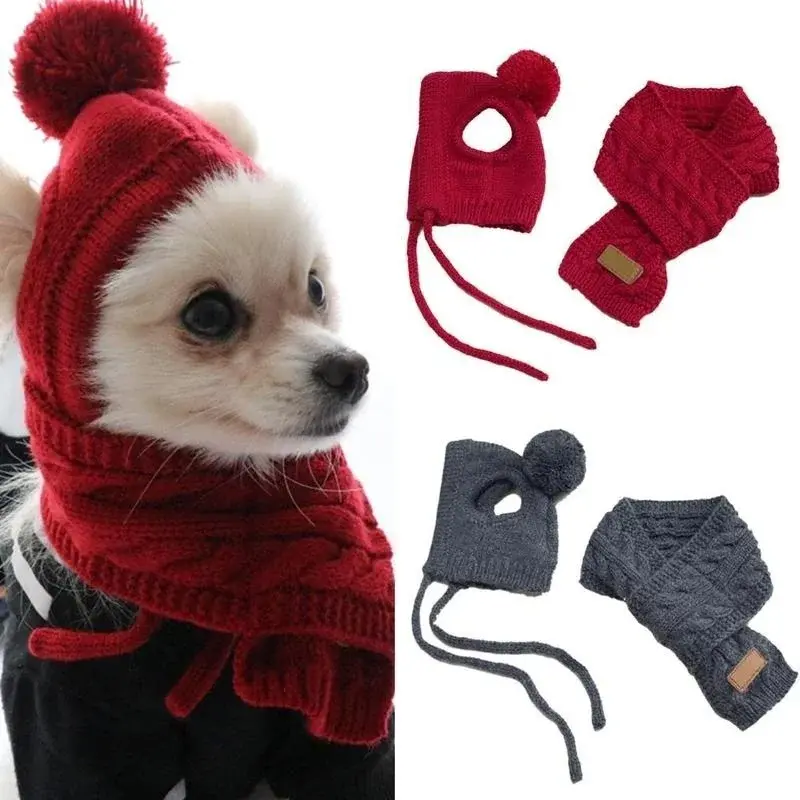 Dogs Hat Winter Warm Stripes Knitted Hat+Scarf Collar Puppy Teddy Costume Christmas Clothes Santa Dog Costume Home Pet Supplies
