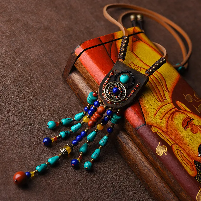 Vintage Ethnic Style Long Tassel Necklace Luxury Design Leather Gemstone Necklace Women's Sweater Chain Niche Jewelry Necklaces