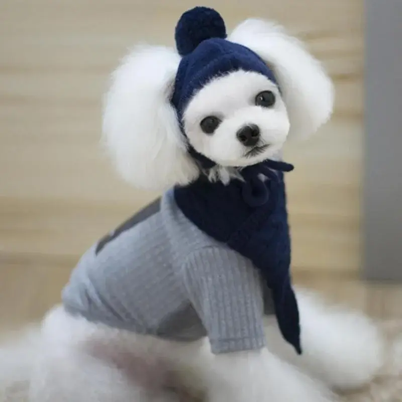 Dogs Hat Winter Warm Stripes Knitted Hat+Scarf Collar Puppy Teddy Costume Christmas Clothes Santa Dog Costume Home Pet Supplies