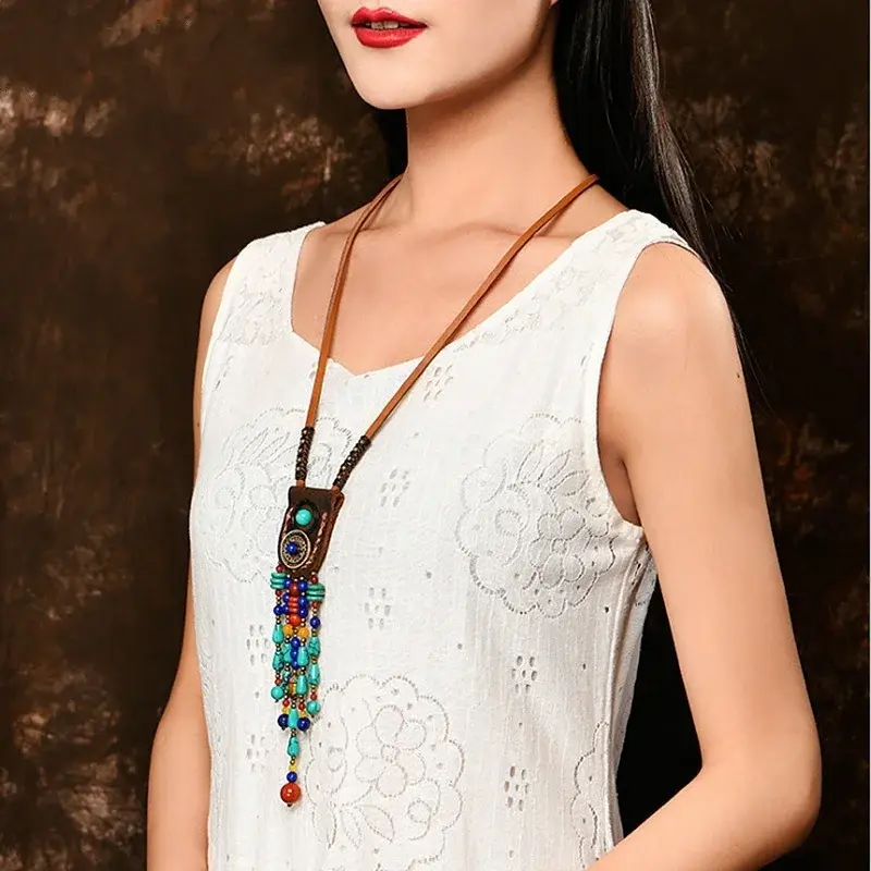 Vintage Ethnic Style Long Tassel Necklace Luxury Design Leather Gemstone Necklace Women's Sweater Chain Niche Jewelry Necklaces