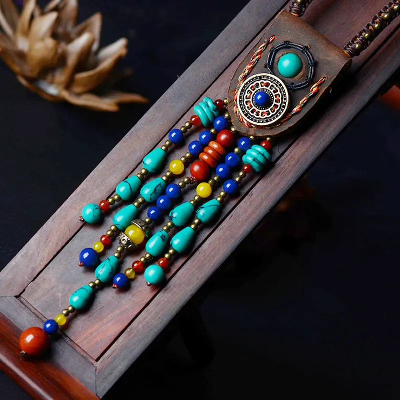 Vintage Ethnic Style Long Tassel Necklace Luxury Design Leather Gemstone Necklace Women's Sweater Chain Niche Jewelry Necklaces