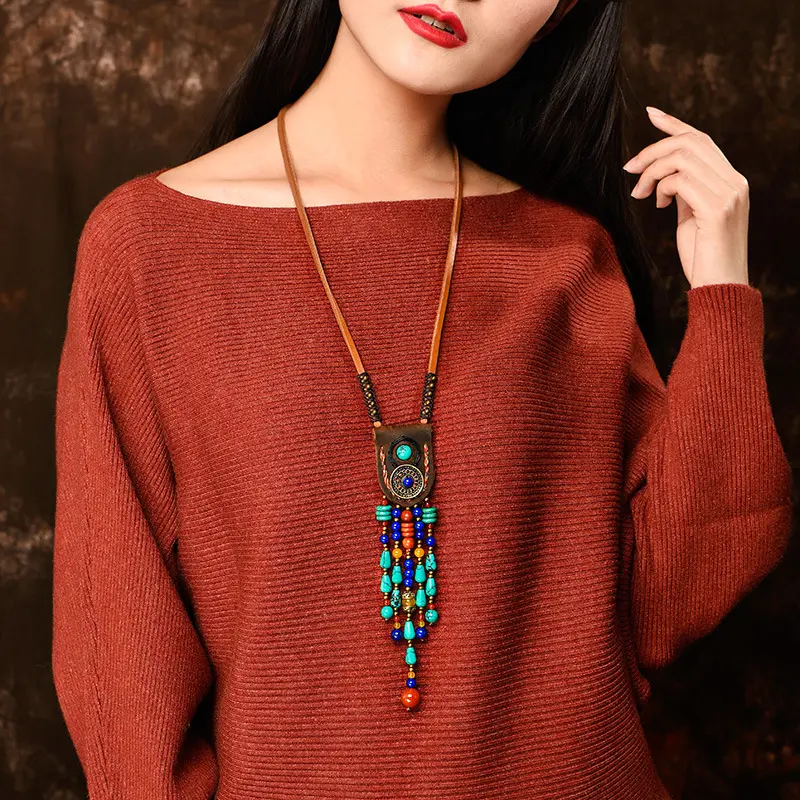 Vintage Ethnic Style Long Tassel Necklace Luxury Design Leather Gemstone Necklace Women's Sweater Chain Niche Jewelry Necklaces