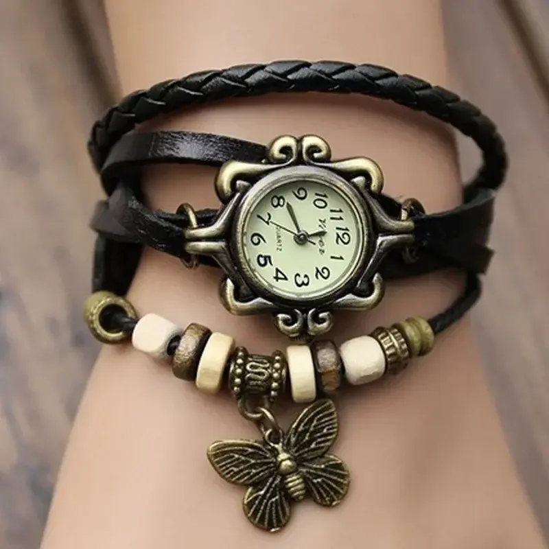 retro Leather Hand Woven Lady Watch Antique Copper Thin Strap Bracelet Pendant Exquisite Trendy Quartz Watch hand decor supplies