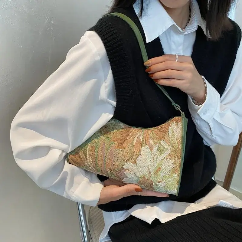 Female Travel Small Totes Women's Underarm Bags Autumn Trendy New Oil Painting Shoulder Bag Cute Simple Handbags and Purses