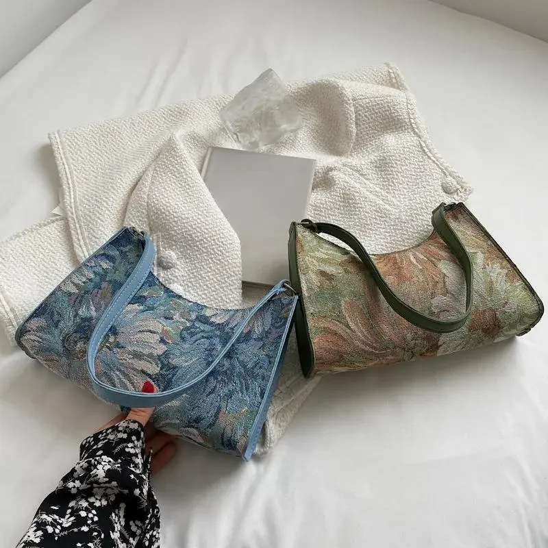 Female Travel Small Totes Women's Underarm Bags Autumn Trendy New Oil Painting Shoulder Bag Cute Simple Handbags and Purses