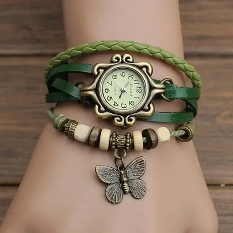 retro Leather Hand Woven Lady Watch Antique Copper Thin Strap Bracelet Pendant Exquisite Trendy Quartz Watch hand decor supplies