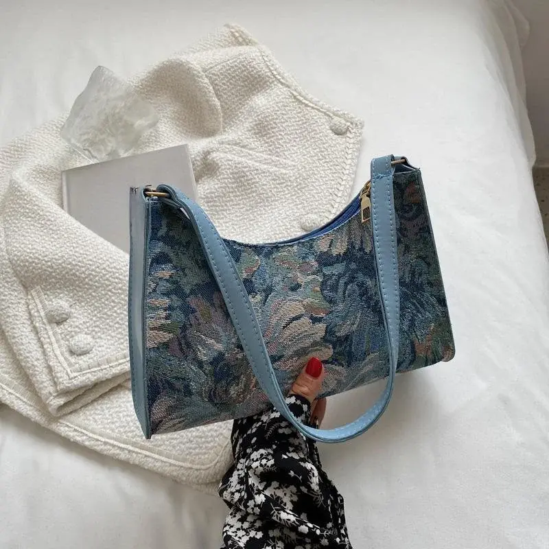 Female Travel Small Totes Women's Underarm Bags Autumn Trendy New Oil Painting Shoulder Bag Cute Simple Handbags and Purses