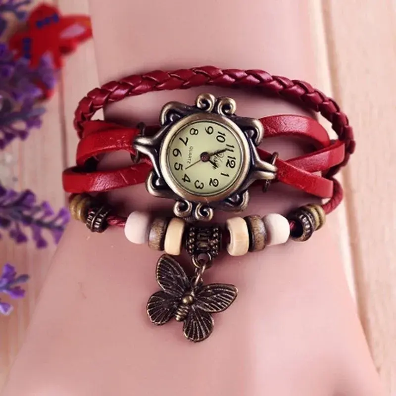 retro Leather Hand Woven Lady Watch Antique Copper Thin Strap Bracelet Pendant Exquisite Trendy Quartz Watch hand decor supplies
