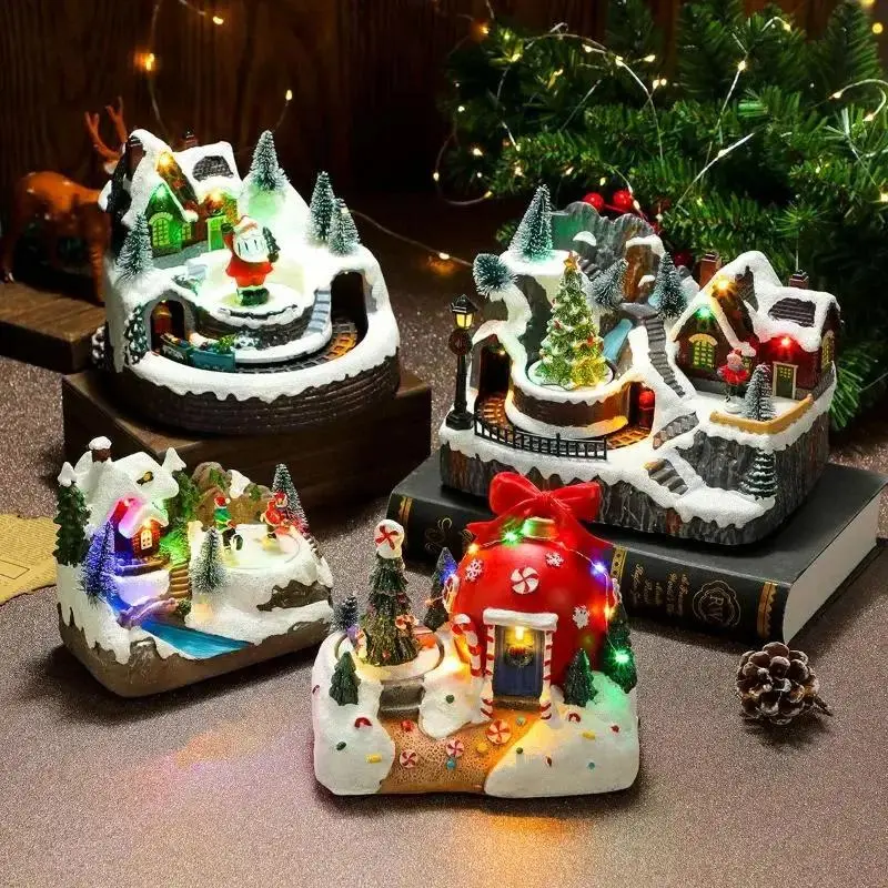 Christmas House Village Rotating Scene Ornament LED Lighting Santa Claus Snow Figurine Electric Music Box Xmas Decorative