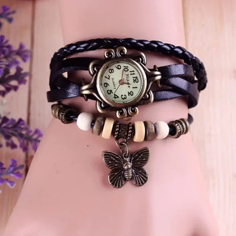 retro Leather Hand Woven Lady Watch Antique Copper Thin Strap Bracelet Pendant Exquisite Trendy Quartz Watch hand decor supplies