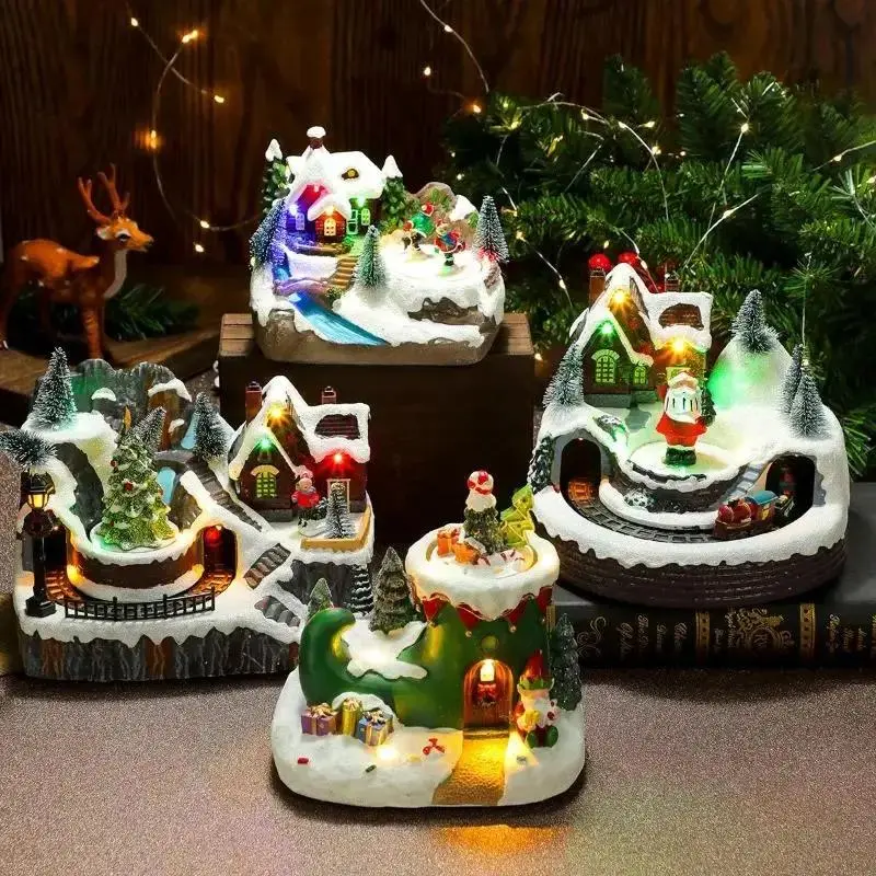 Christmas House Village Rotating Scene Ornament LED Lighting Santa Claus Snow Figurine Electric Music Box Xmas Decorative