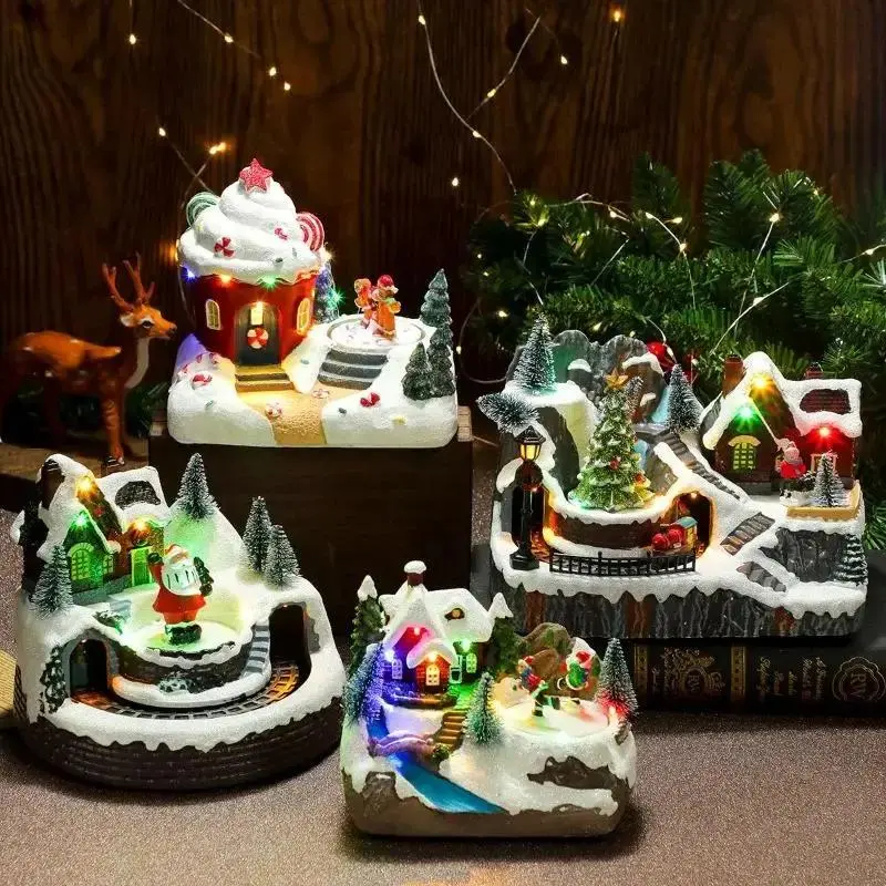 Christmas House Village Rotating Scene Ornament LED Lighting Santa Claus Snow Figurine Electric Music Box Xmas Decorative