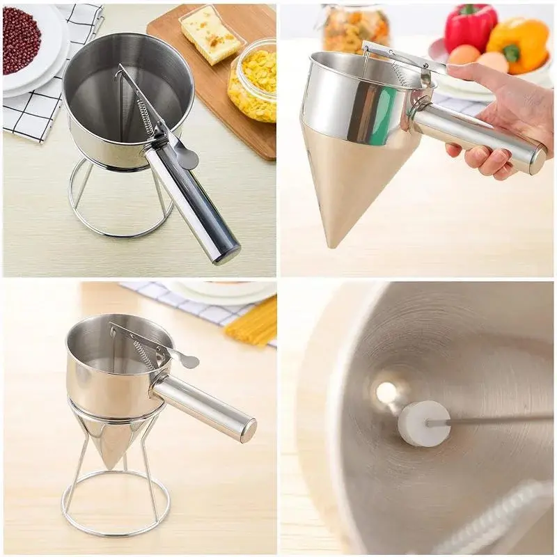600/1200ML Oil Bucket with Holder Stainless Steel Funnel Dispenser Cupcake Pancake Batter Octopus Ball Kitchen Baking Tool