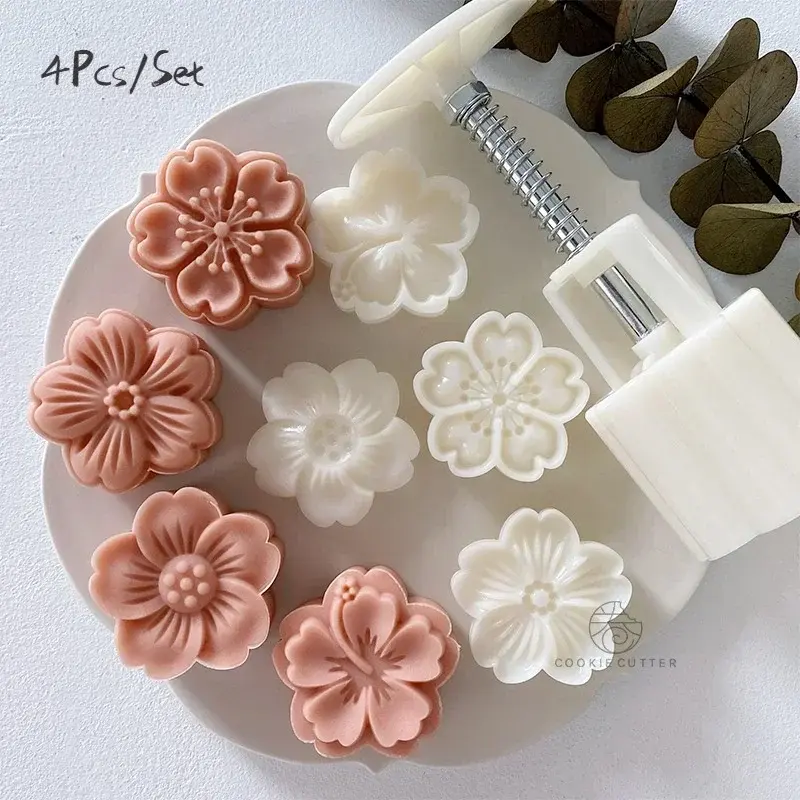 4pcs Flower Mold Pastry Mold Cherry Blossom Rose Pattern Hand Pressing Mold Plunger Pastry Tool Creative Flower Home Baking Tool