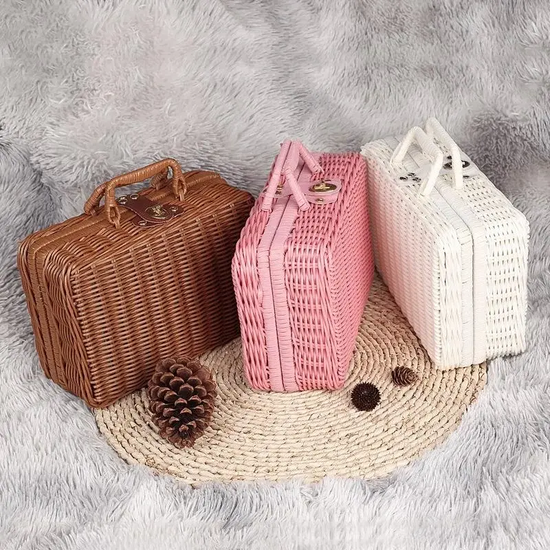 Imitation Rattan Storage Box Woven Rattan Basket Retro Storage Box Decorative Props Suitcase with Handle Gift Box