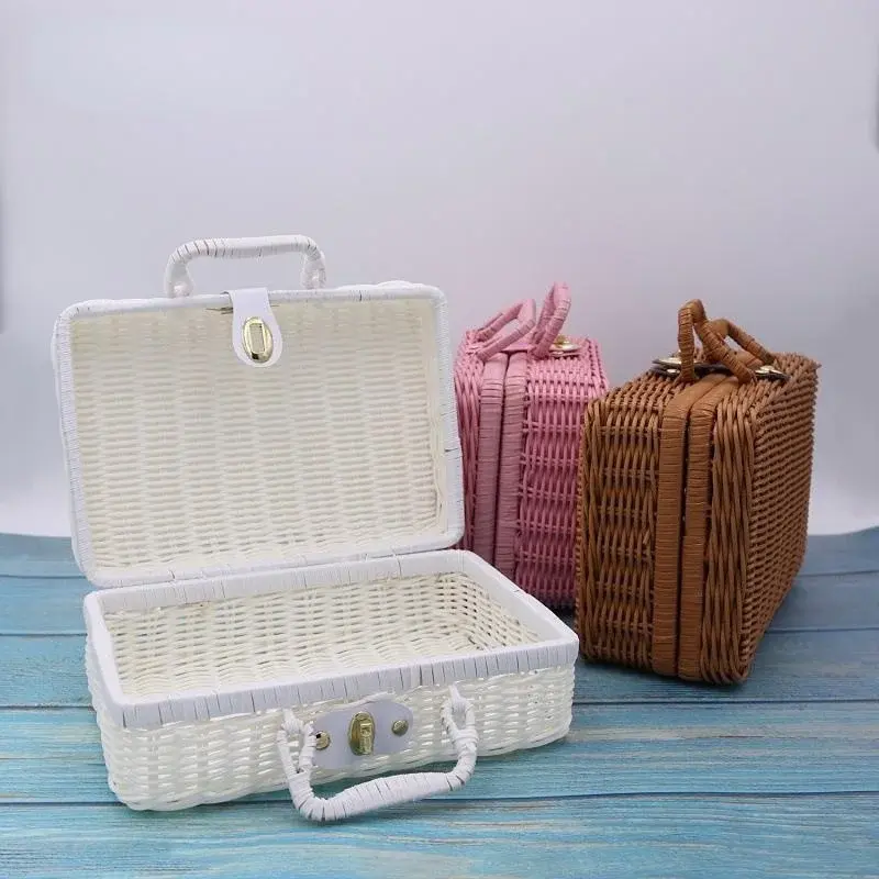 Imitation Rattan Storage Box Woven Rattan Basket Retro Storage Box Decorative Props Suitcase with Handle Gift Box