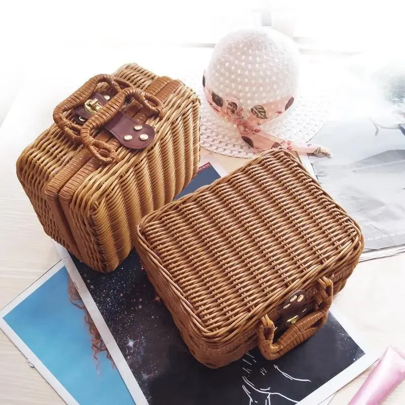 Imitation Rattan Storage Box Woven Rattan Basket Retro Storage Box Decorative Props Suitcase with Handle Gift Box