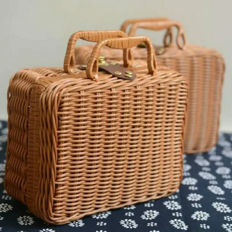 Imitation Rattan Storage Box Woven Rattan Basket Retro Storage Box Decorative Props Suitcase with Handle Gift Box
