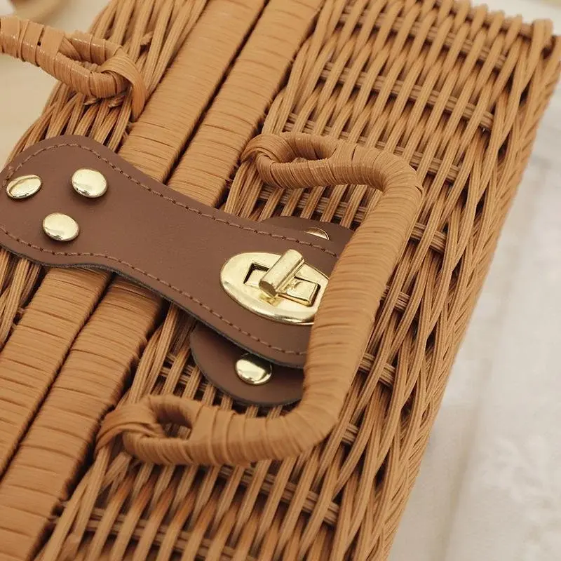 Imitation Rattan Storage Box Woven Rattan Basket Retro Storage Box Decorative Props Suitcase with Handle Gift Box