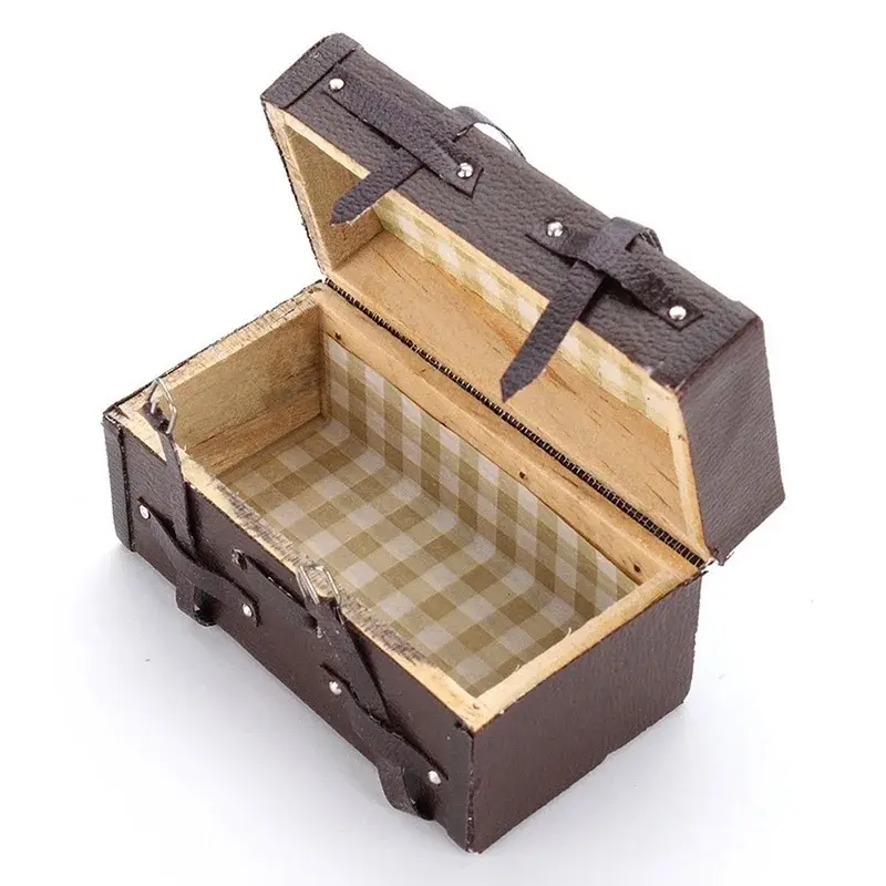 1/12 Dollhouse Miniature Vintage Leather Wooden Suitcase Mini Luggage