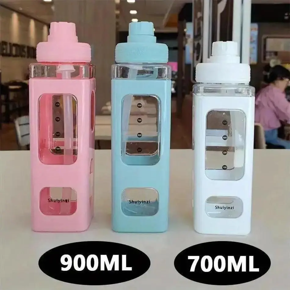 700/900ml New Simple Design Student Juice Tea Water Cup Summer With Straw Clear Scale Plastic Water Bottle Portable Drinking Cup