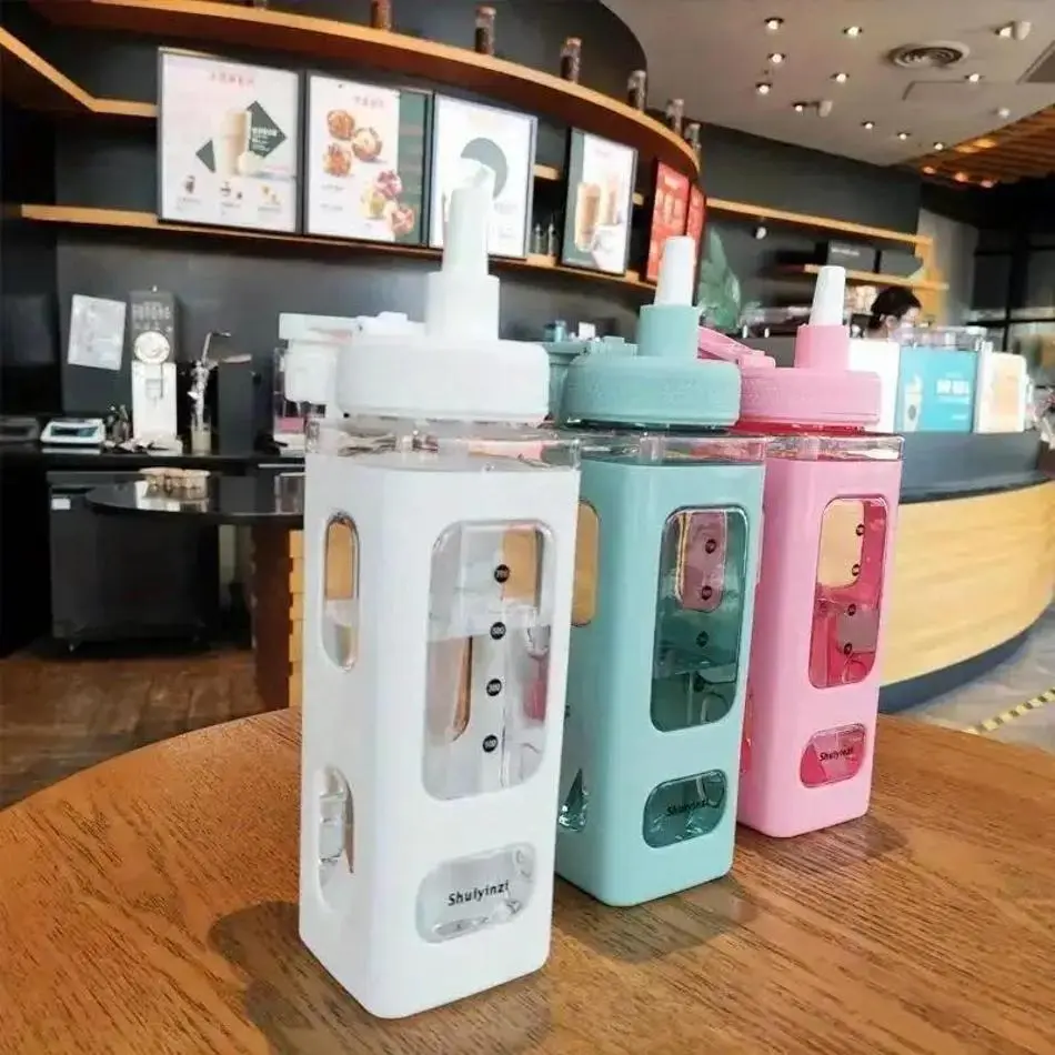 700/900ml New Simple Design Student Juice Tea Water Cup Summer With Straw Clear Scale Plastic Water Bottle Portable Drinking Cup