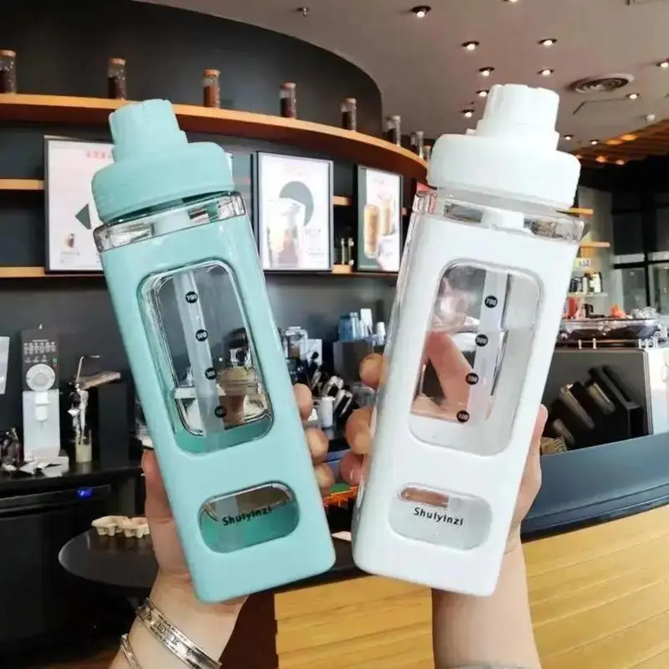 700/900ml New Simple Design Student Juice Tea Water Cup Summer With Straw Clear Scale Plastic Water Bottle Portable Drinking Cup