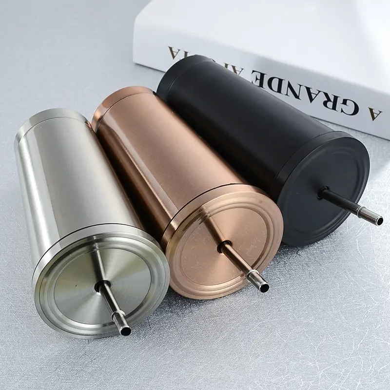 500ml Stainless Steel Coffee Mug With Lid Beer Practical Tea Cup Metal Cup Drink Straw Travel Cups Home Portable Water Bottle