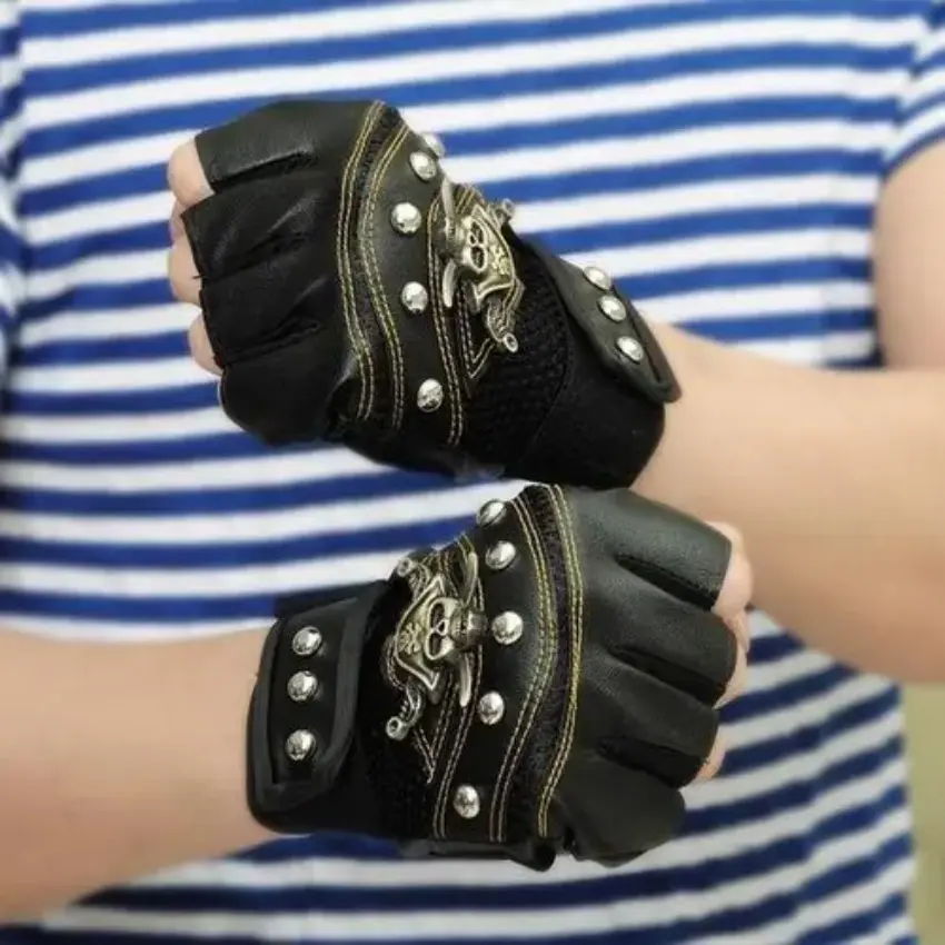 1 Pair Cycling Gloves PU Leather Skull Punk Black Driving Motorcycle Biker Fingerless Tactical Gloves Mens Durable Womens Gloves