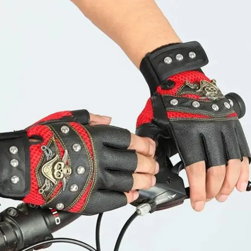 1 Pair Cycling Gloves PU Leather Skull Punk Black Driving Motorcycle Biker Fingerless Tactical Gloves Mens Durable Womens Gloves