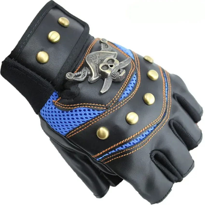 1 Pair Cycling Gloves PU Leather Skull Punk Black Driving Motorcycle Biker Fingerless Tactical Gloves Mens Durable Womens Gloves